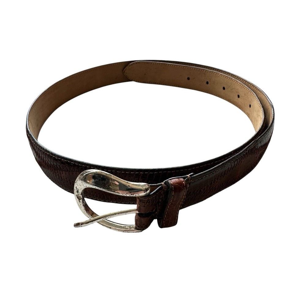 Bespoke Brown Patchwork Crocodile Lizard Mens Belt 1.25 In 38 Made in USA NWOT